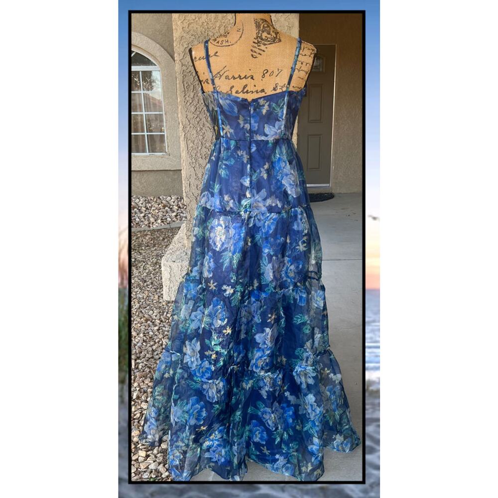 Lulus Blue Floral Organza Tiered Maxi Exclusive Glamour Dress Size S - Picture 4 of 9